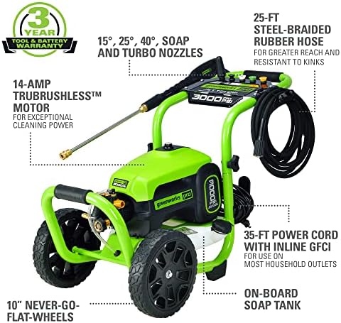 Greenworks 3000 PSI (2.0 GPM Max) Brushless Electric Pressure Washer - Image 3