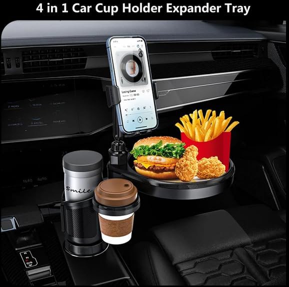 4-in-1 Car Cup Holder Expander with 360° Swivel Tray, Universal Adjustable Base for Large Mugs and Bottles, Integrated Smartphone Mount for Food and Snacks, Black - Image 3