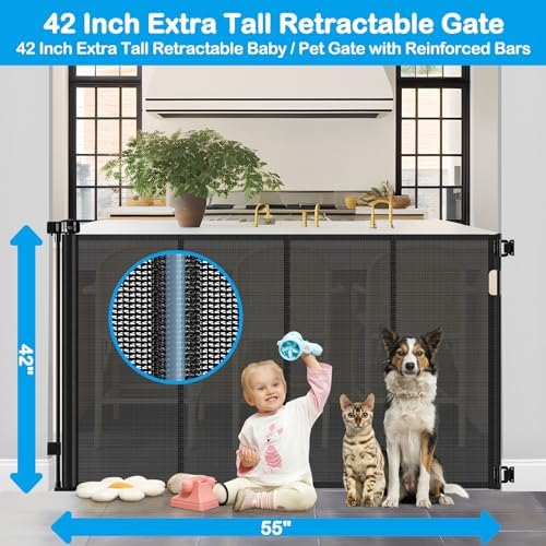 Reinforced 42 Inch Extra Tall Retractable Dog Gate with Reinforced Strips 55 Inch Wide Retractable Baby Gates for Doorways Anti-Scratch Extra Tall Dog Gate Outdoor Pet Gates for Dogs Indoor, Black - Image 2