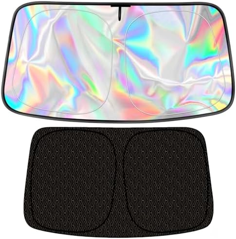 GWUSKDT Foldable Windshield Sunshade Iridescent Heat Shield with Reflective Polyester Fabric UV Protection Car Sun Shade with Memory Steel Frame Keeps Interior Cool & Protects Dashboard (55 x 27.5 in - Image 3