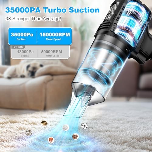Car Vacuum Cordless, 35000PA Strong Suction Handheld Vacuum with 2 Detachable Batteries, 60Min Runtime Portable Vacuum Cleaner for Car Detailing, Pet Hair, Home Couch & Office, 350ML XL Dust Cup - Image 2