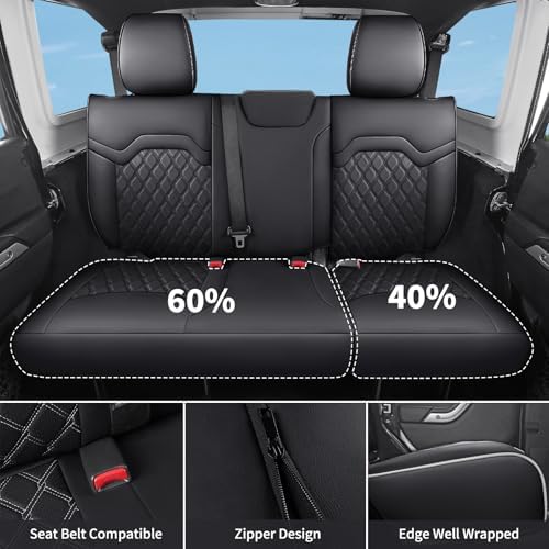 Huidasource 2018-2026 Wrangler JL Seat Covers 4 Door, Waterproof Wrangler Seat Covers Full Set, Custom Seat Cushion Protector Fit for Jeep JL 4-Door, W/O Rear Cupholder (Full Set/Black&White) - Image 3