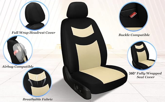 Universal Car Seat Covers for Front Seats, Cloth Front Car Seat Cover, Easy to Install, Breathable and Washable Universal Interior Covers for Auto, SUV, Sedan, Van, Airbag Compatible, Black & Beige - Image 4