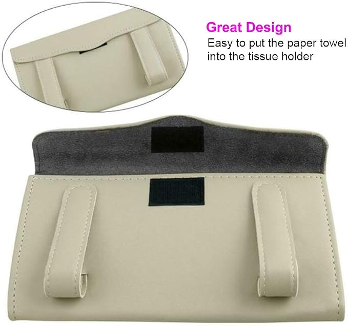 Carstuus Beige Car Tissue Holder for Sun Visor, Universal Fit All Vehicles | Hanging Tissue Box, Easy Refill, Includes Paper Napkins, Easy-Access, Universal Car Accessory for Men Women, Car Must Haves - Image 6