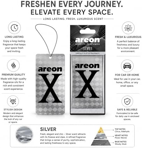 AREON X Silver Hanging Car Air Freshener - Long Lasting Fragrance for Cars - Stylish Interior Scent Freshener - Odor Neutralizing Air Freshener - Premium Auto Accessory for Daily Use (Pack of 3) - Image 3