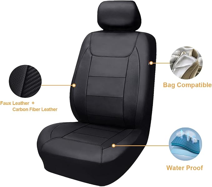 Flying Banner car seat Covers Protects Water Proof Faux Leather Carbon Fiber Front and Rear Bench (Black Black, Full Set - 9PCS) - Image 2
