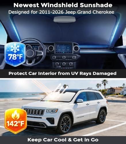 DMJN Front Windshield Sun Shade for Jeep Grand Cherokee (2011-2026), [Nano Ice-Crystal Coatings] UPF50+ Heat & UV Block, Protect Car Interior & Keep Cool, Flodable Steel-Ring Car Cover for Summer - Image 2
