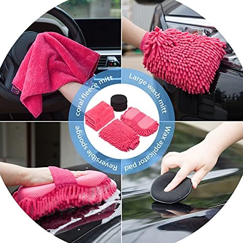 22Pcs Car Wash Cleaning Tools Kit Car Detailing Set with Canvas Bag Pink Collapsible Bucket Wash Mitt Sponge Towels Tire Brush Window Scraper Duster Complete Interior Car Care Kit - Image 4