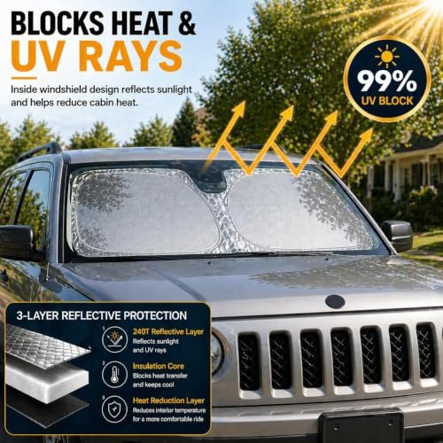 Patriot Renegade Windshield Sun Shade, Custom Fit Foldable Front Window Sunshade Visor, UV and Heat Block Interior Protector, Fits 2007–2025 Patriot and 2015–2025 Renegade - Image 2