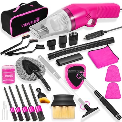 20PCS Pink Car Cleaning Kit, Car Interior Detailing Kit with Red High Power Handheld Vacuum, Detailing Brush Set, Windshield Cleaner, Cleaning Gel, Complete Auto Accessories for Women by Viewsun