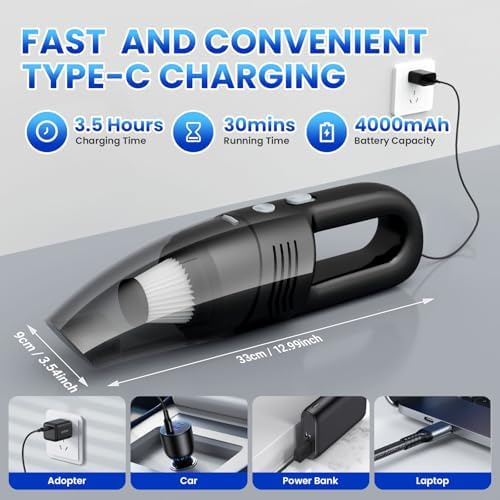 Handheld Vacuum Cordless Car Vacuum Cleaner 11000PA High Power Portable 1.4lbs Lightweight Rechargeable with 2 Filter Multi-Nozzles for Home Office Dust - Image 6