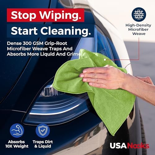 USANOOKS Microfiber Cleaning Cloth Light Green - 12 Pcs 12.5"x12.5" - High Performance - 1200 Washes, Ultra Absorbent Towels Weave Grime & Liquid for Streak-Free Mirror Shine - Car Washing Cloth - Image 6