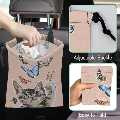 Cute Cat Car Garbage Bag,Flying Butterflies Waterproof Small Car Trash Bag Hanging Back of Seat,Drawstring Hanging Car Trash Bag with Adjustable Buckle for Car Accessories - Image 6