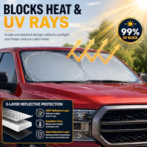 Ford F150 Windshield Sun Shade, Custom Fit Foldable Front Window Sunshade Visor, Blocks UV Rays and Heat, Keeps Interior Cooler, Fits 1990–2025 Models - Image 2