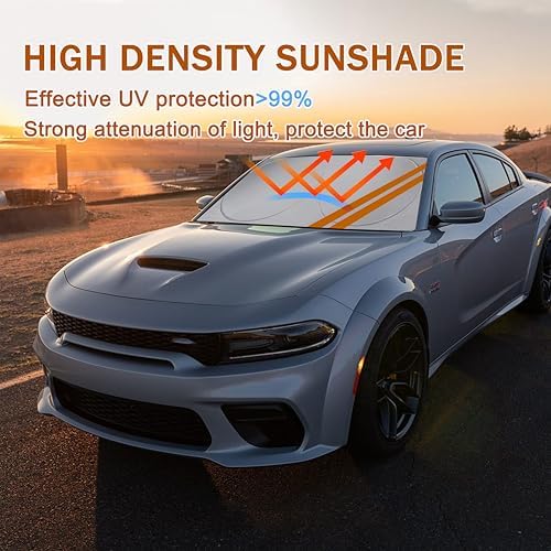 Front Windshield Sun Shade Fit for Dodge Charger Challenger Durango Journey Universal Fit to All Dodge Cars Foldable Sun Visor Protector Custom Fit Dodge Window Sunhade (Orange Trim) - Image 2