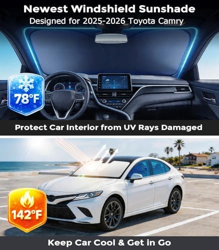 DMJN Front Windshield Sun Shade for Toyota Camry (2025-2026), [Nano Ice-Crystal Coatings] UPF50+ Heat & UV Block, Protect Car Interior & Keep Cool, Flodable Steel-Ring Car Cover for Summer - Image 2