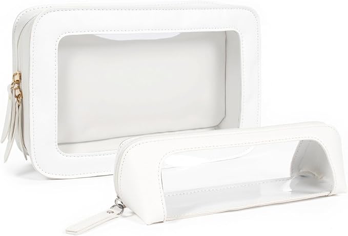 2Pack Clear Makeup Bags Set, Small Clear Makeup Bag, PU Leather Travel Makeup Brush Case Portable Transparent Waterproof Cosmetic Organizer Pouch with Zipper for Women(2Pack-White Set) - Image 2