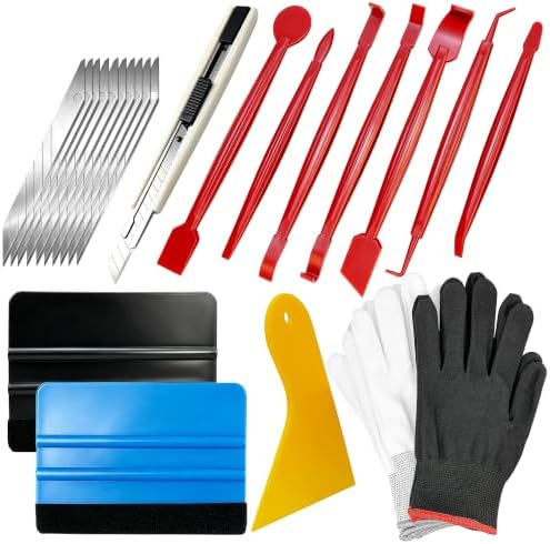 Umaki Automotive Vinyl Wraps Tools Tint Film Kit with 2 Pairs Vinyl Wrap Gloves, 4inch Felt Squeegee, Scraper, Edge Trimmer, Black Utility Vinyl Knife by Umaki