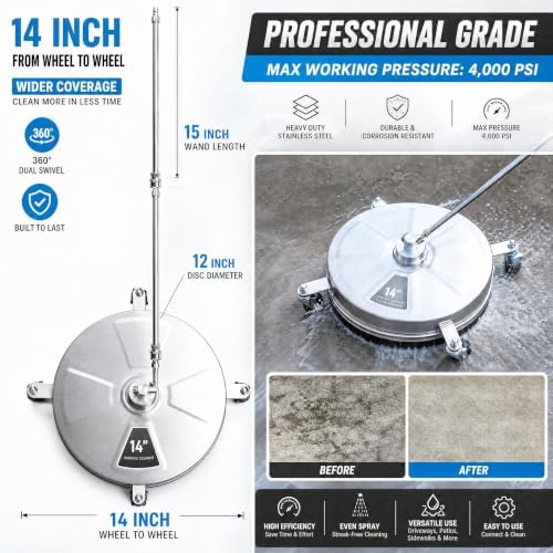 Hourleey 14" Pressure Washer Surface Cleaner, Stainless Steel Surface Cleaner with 4 Wheels for Concrete, Patio, Sidewalk, Deck, Pathway 1/4" Quick Connector, 2 Extension Wand, 4000 PSI - Image 2