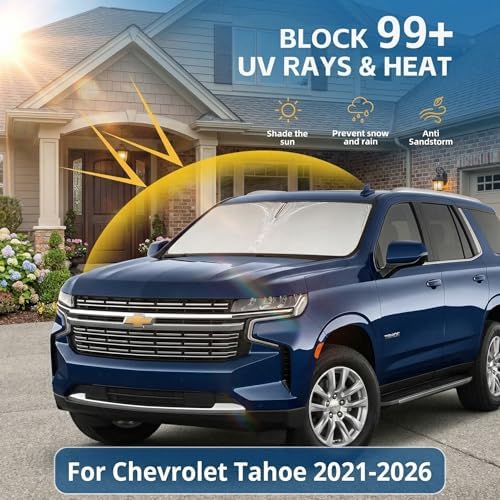 Windshield Sun Shade for Chevy/Chevrolet Tahoe 2021-2024 2025 2026 Front Window Shade Custom Fit Tahoe Accessories Sun Visor Foldable Shade Blocks UV Rays Summer Must Have Car Accessories - Image 2