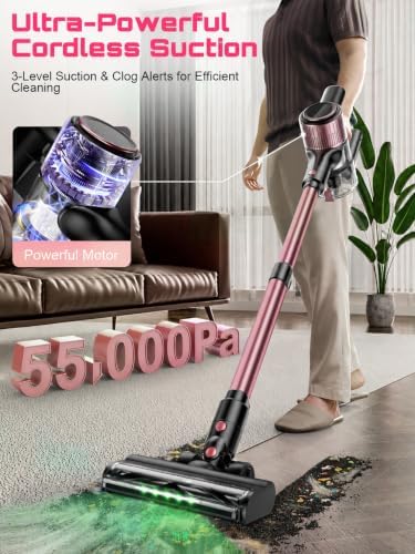 Cordless Vacuum Cleaner, 10 in 1 Stick Vacuum with Powerful Suction, Hose, Green LED Light, Anti-Tangle Brush, Lightweight Rechargeable Vacuum Cleaner for Home, Hardwood Floors, Carpets, Pet Hair,Pink - Image 2