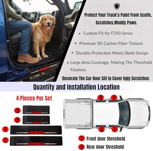 Car Door Sill Protectors for Ford F-250 F250 Super Duty（RED, Fit for F250） | Thick Carbon Fiber Door Sill Scuff Plate Cover， Anti-Scratch Door Entry Guard，Car Door Decoration ，Cover Scratches - Image 3