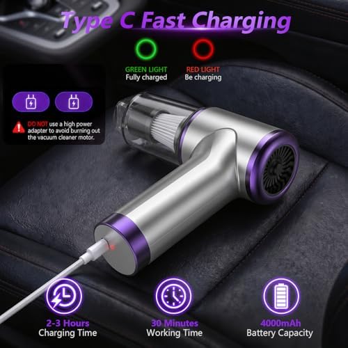 Handheld Cordless Vacuum Cleaner,8000PA Suction 4 Modes Portable Car Vacuum,4000mAh Rechargeable Battery,3 Filters,7-in-1 Kit for Home Office Car Pet,Silver - Image 4