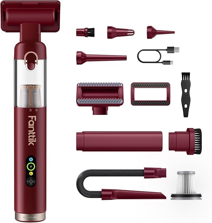 Fanttik Slim V10 APEX Cordless Car Vacuum, 4-in-1 Portable Mini Handheld Vac, Upgraded Smart Digital Display, 19kPa Suction Power, 2 Suction Modes for Small Jobs, Car, Office Desk, Keyboards (Red) - Image 4