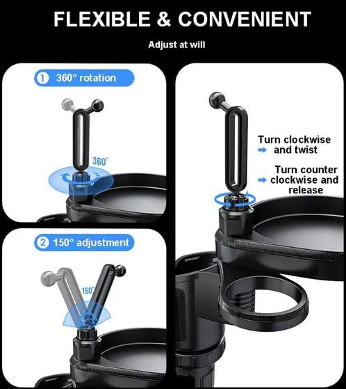 4-in-1 Car Cup Holder Expander with 360° Swivel Tray, Universal Adjustable Base for Large Mugs and Bottles, Integrated Smartphone Mount for Food and Snacks, Black - Image 6