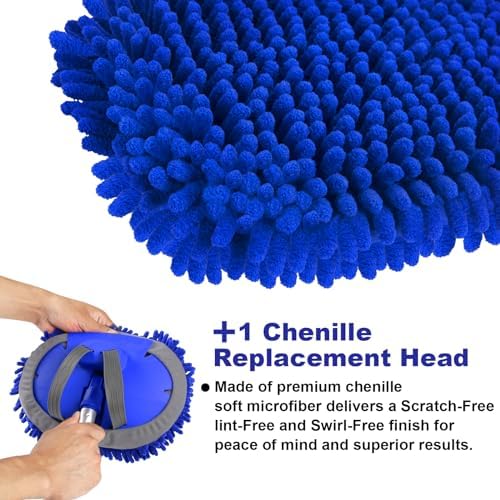 anngrowy 62" Microfiber Car Wash Brush with Long Handle Car Washing Mop Kit Mitt Sponge Car Cleaning Supplies Kit Duster RV Washing Car Brush Accessories, 1 Chenille Scratch-Free Replacement Head - Image 4