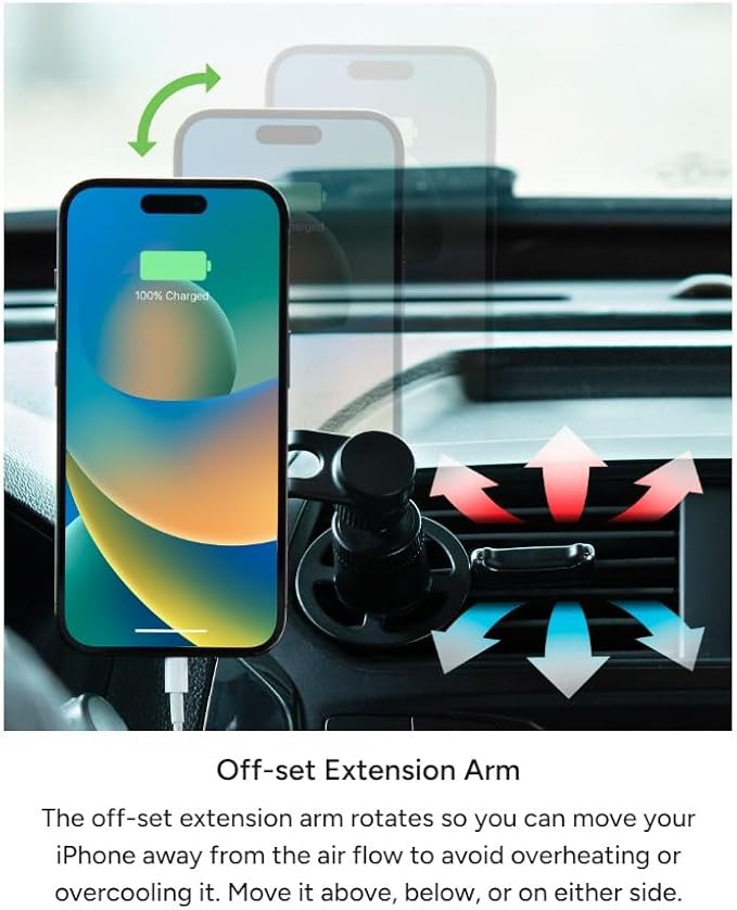 Mophie Magnetic Vent Mount for Apple iPhone 16/15/14/13/12 Series - MagSafe Compatible, Adjustable Arm, Multiple Angles, Black - Image 6