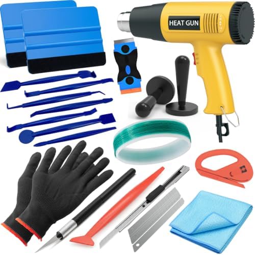 Vinyl Wrap Tool Kit Include Heat Gun, 7PCS Stick Squeegee, Knife Tape, Felt Squeegees, Craft Knife and Utility Knife Plastic Scraper, Vinyl Cutter, Magnet Holders, Cloth, Gloves by Spanno