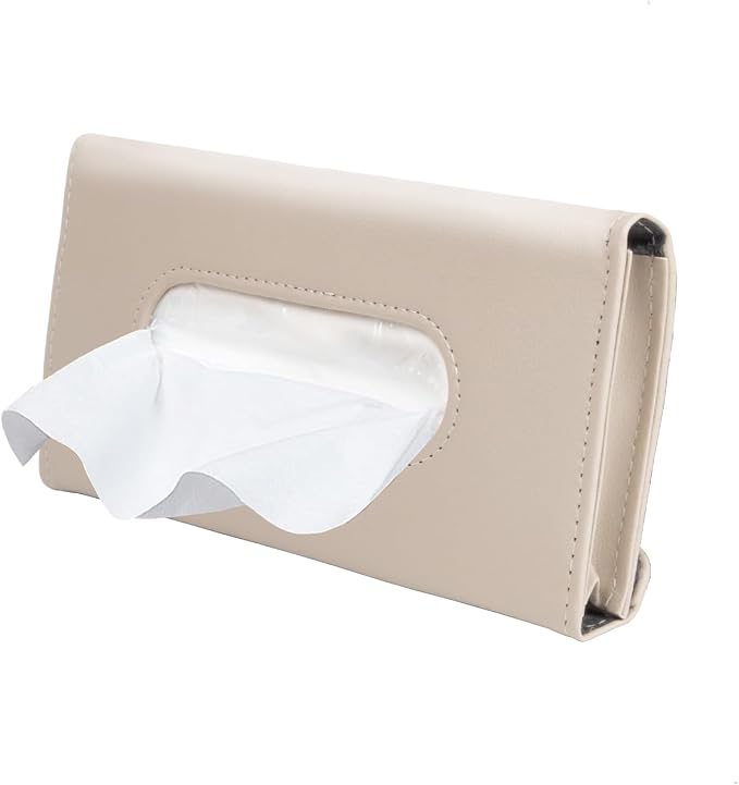 Carstuus Beige Car Tissue Holder for Sun Visor, Universal Fit All Vehicles | Hanging Tissue Box, Easy Refill, Includes Paper Napkins, Easy-Access, Universal Car Accessory for Men Women, Car Must Haves by Carstuus