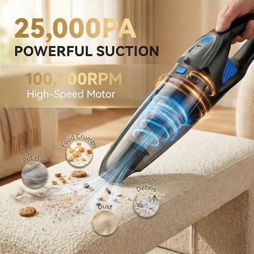 Handheld Vacuum Cordless, 25000Pa Powerful Suction Car Vacuum Portable Cordless with 8000mAh Battery & LED Light, Hand Held Vacuum Rechargeable with HEPA Filters, Home, Car Seats, Pet Hair Blue - Image 2
