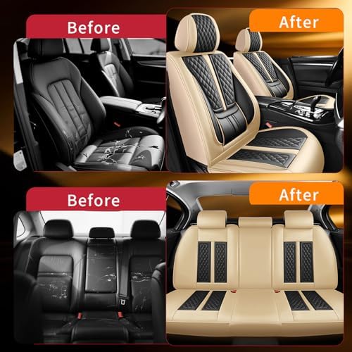 Fit Cherokee Car Seat Covers Compatible with Jeep Cherokee 2014-2024 2025 2026.Full Coverage Waterproof Leather,Compatible with Airbag,All - Weather Seat Cushion Protector(Full Set,Beige) - Image 4