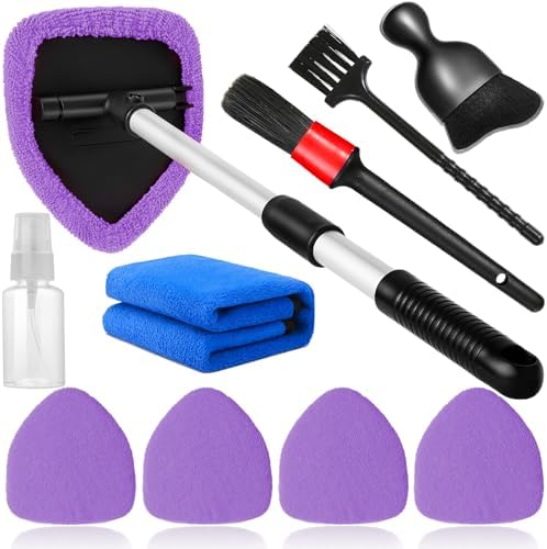 Qydipclin 10pcs Windshield Cleaning Tool Inside Car Window Cleaner Wash Kit with 4 Reusable Microfiber Pads 1 Spray Bottle and Extendable Handle Interior Auto Glass Wiper Kit, Purple by Qydipclin