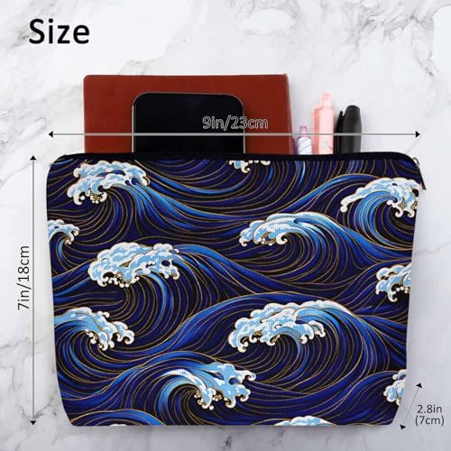 Women Cosmetic Bag Japanese Waves, Traditional Ocean Wave Blue Cute Makeup Bag For Purse Cosmetic Travel Bag For Toiletries Makeup Storage Bag Flax Skincare Bag Make Up Pouch Bags - Image 4