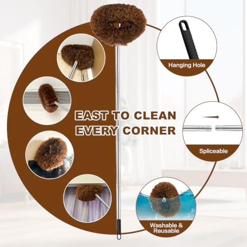 Ceiling Fan Cleaner Duster Reusable Microfiber Ceiling Fan Blade Cleaner Removable Duster with Extension Pole Adjusts 13 to 49.7 Inch for Cleaning Walls Bookshelves Furniture Door Window Top (Brown) - Image 3