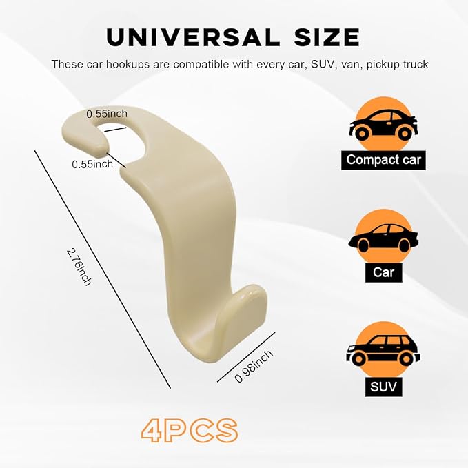 povtii 4PCS Car Seat Headrest Hook, Auto Back Seat Hanging Storage Organizer, Vehicle Seatback Hanger Holder for Purse Handbag Coat Umbrella, Universal Interior Car Accessories (Beige) - Image 2