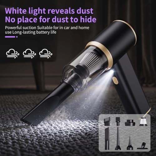 Handheld Vacuum Cordless Rechargeable,Small Dust Buster Cleaner Portable Lightweight with High Power Motor 3 Filter,LED Light，7-in-1 Cleaning Kit for Home Office Car Pet,Black - Image 3