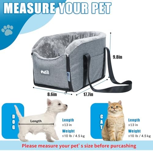 Pet Car Center Console Elevated Armrest Car Seat for Small Puppy, Dogs & Cats (Up to 10 lbs) – Dark Gray Washable Plush Carrier with Safety Leash, Fits Front Vehicle Console Space (Grey) - Image 2
