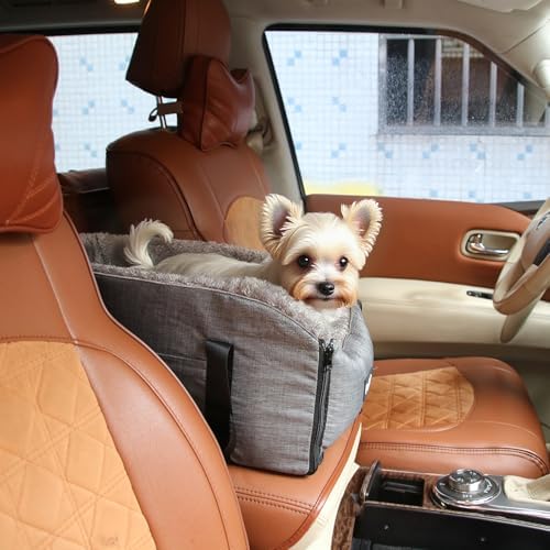 Pet Car Center Console Elevated Armrest Car Seat for Small Puppy, Dogs & Cats (Up to 10 lbs) – Dark Gray Washable Plush Carrier with Safety Leash, Fits Front Vehicle Console Space (Grey) - Image 5