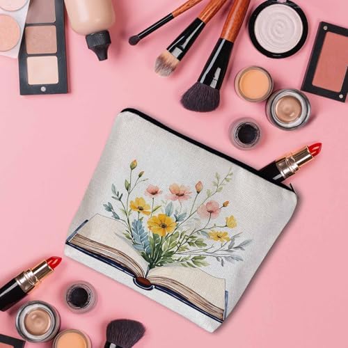 Floral Book Makeup Bags Makeup Organizer, Open Book Blossom Wild Flowers Flax Toiletry Bags Travel Cosmetic Bag Makeup Purse Pouch Skincare Bag Wallet Bags For Women Female Mom Daughter - Image 3