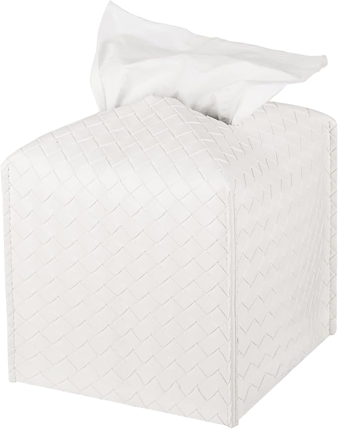 Tissue Box Cover Square Leather Facial Paper Holder, White | PU Leather, Easy to Fill, Easy Clean, Decorative Tissue Box Holder for Office, Bathroom, Kitchen, Living room, Guest room by zoocatia