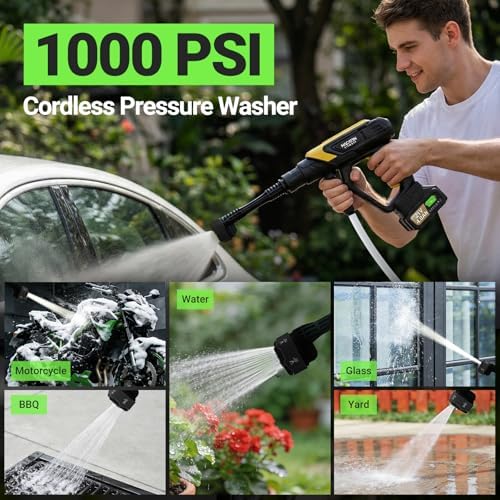 Cordless Portable Washer, 1000PSI Brushless Washer for Car Washing, Patio, Fence, Driveway, Outdoor Cleaning, with 1 Battery, 6 in 1 Nozzle, 6 Meter Hose, Tap Adapter - Image 3