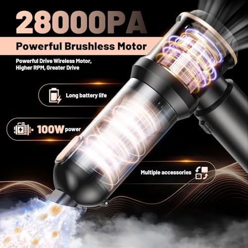 28000Pa Cordless Handheld Vacuum Cleaner, 4-in-1 100W Brushless Motor Car Vacuum with 6000mAh Battery & LCD Display, LED Light & Multi-Nozzles for Car, Home, Office, Pet Hair - Image 2