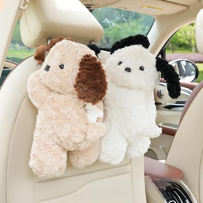 Plush Puppy Car Tissue Box Holder – Cute Crawling Dog Design, Hanging or Dashboard Use, Soft Style Organizer for Vehicle Interior (White Dog) - Image 2