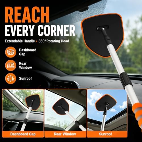 XINDELL Interior Windshield Cleaner Tool, Extendable Car Window Cleaning Kit with 360° Rotating Head - Image 2