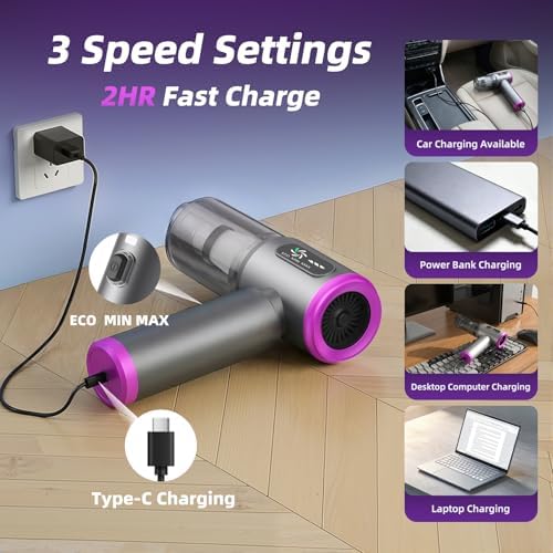 Car Vacuum 3 in 1 High Power Cordless Mini Vacuum Cleaner & Air Blower, 25000PA Suction 250000RPM Air Duster, 6000mAh Portable Handheld Small Vacuum Cleaner for Car Home Office - Image 6