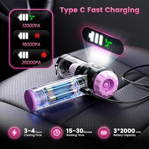 Wansimoo Handheld Car Vacuum Cleaner,25000PA Strong Cyclonic Suction Foldable Mini Vacuum Portable Cordless with Digital Display and One Touch Dust Removal for Car, Home, Office, Kitchen (Purple) - Image 3
